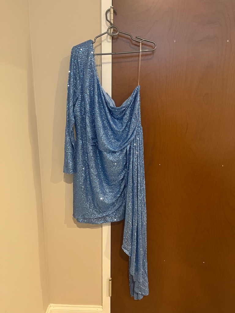 Fashion Nova One-Shoulder Sequin Dress In Light Blue